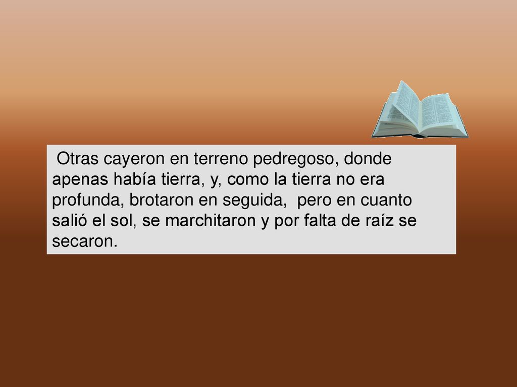 Otras cayeron en terreno pedregoso, donde apenas había tierra, y, como la tierra no era profunda, brotaron en seguida, pero en cuanto salió el sol, se marchitaron y por falta de raíz se secaron.