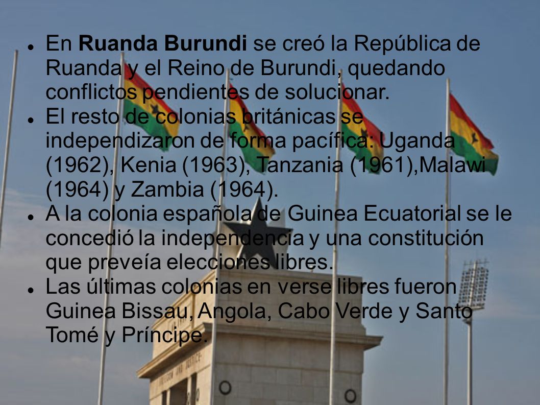 En Ruanda Burundi se creó la República de Ruanda y el Reino de Burundi, quedando conflictos pendientes de solucionar.