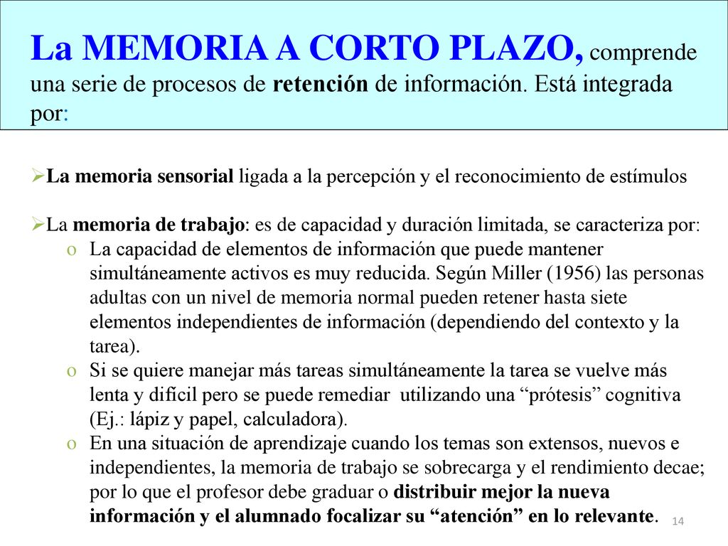 La MEMORIA A CORTO PLAZO, comprende una serie de procesos de retención de información. Está integrada por: