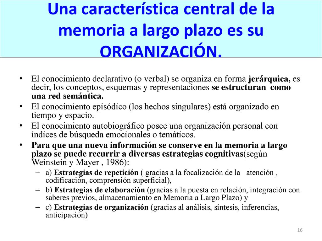 Una característica central de la memoria a largo plazo es su ORGANIZACIÓN.