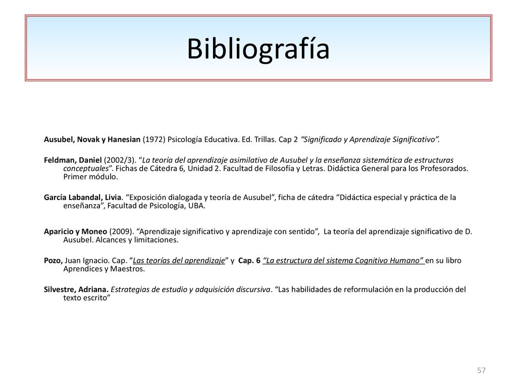 Bibliografía Ausubel, Novak y Hanesian (1972) Psicología Educativa. Ed. Trillas. Cap 2 Significado y Aprendizaje Significativo .