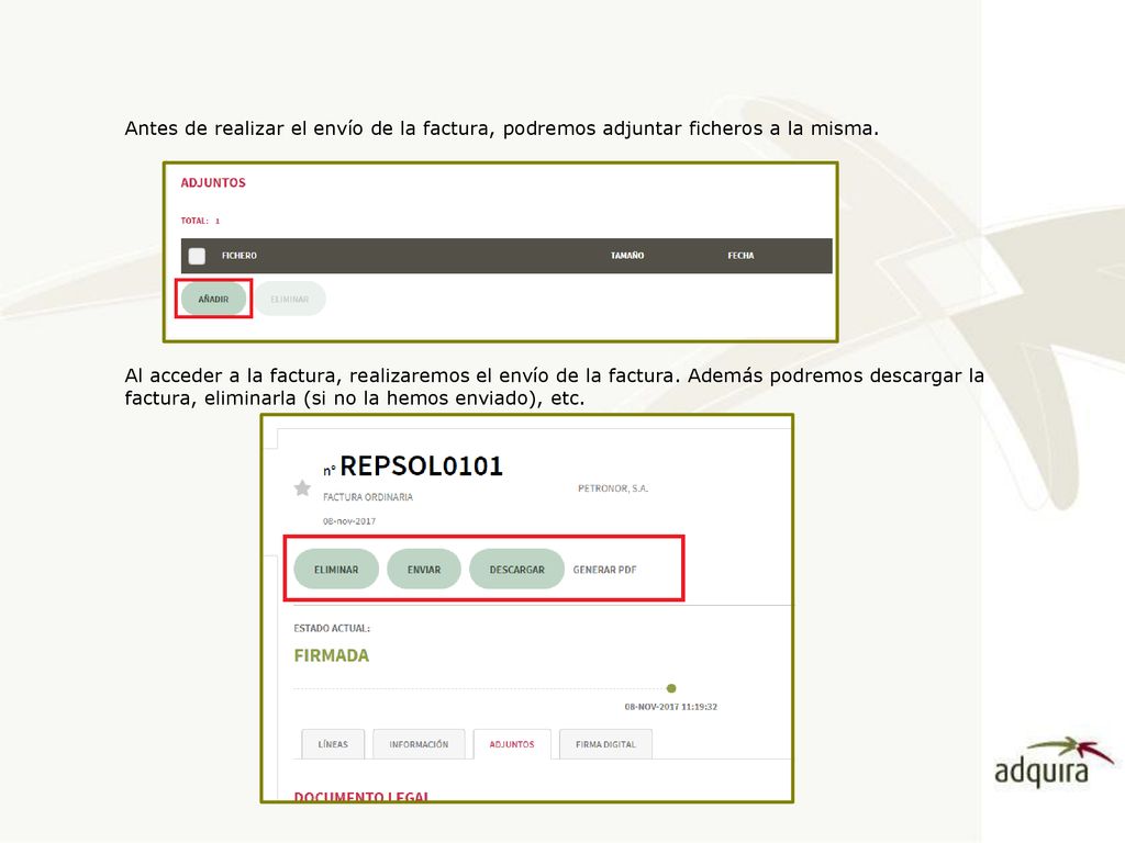 Antes de realizar el envío de la factura, podremos adjuntar ficheros a la misma.