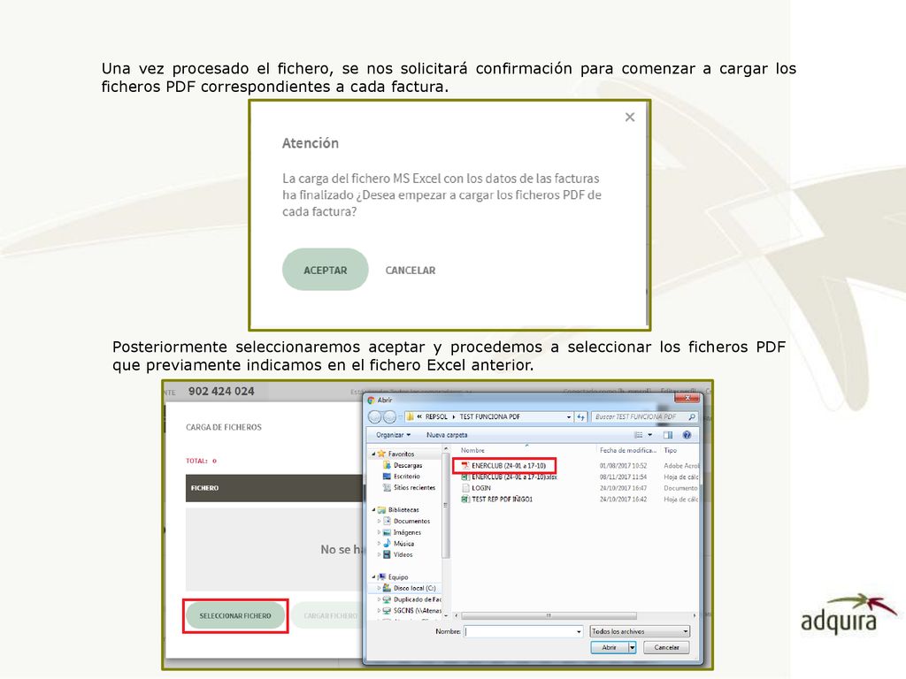 Una vez procesado el fichero, se nos solicitará confirmación para comenzar a cargar los ficheros PDF correspondientes a cada factura.