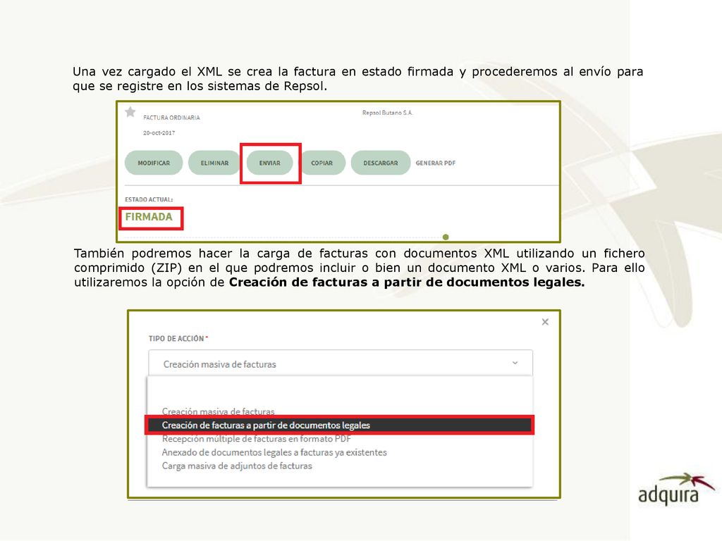 Una vez cargado el XML se crea la factura en estado firmada y procederemos al envío para que se registre en los sistemas de Repsol.