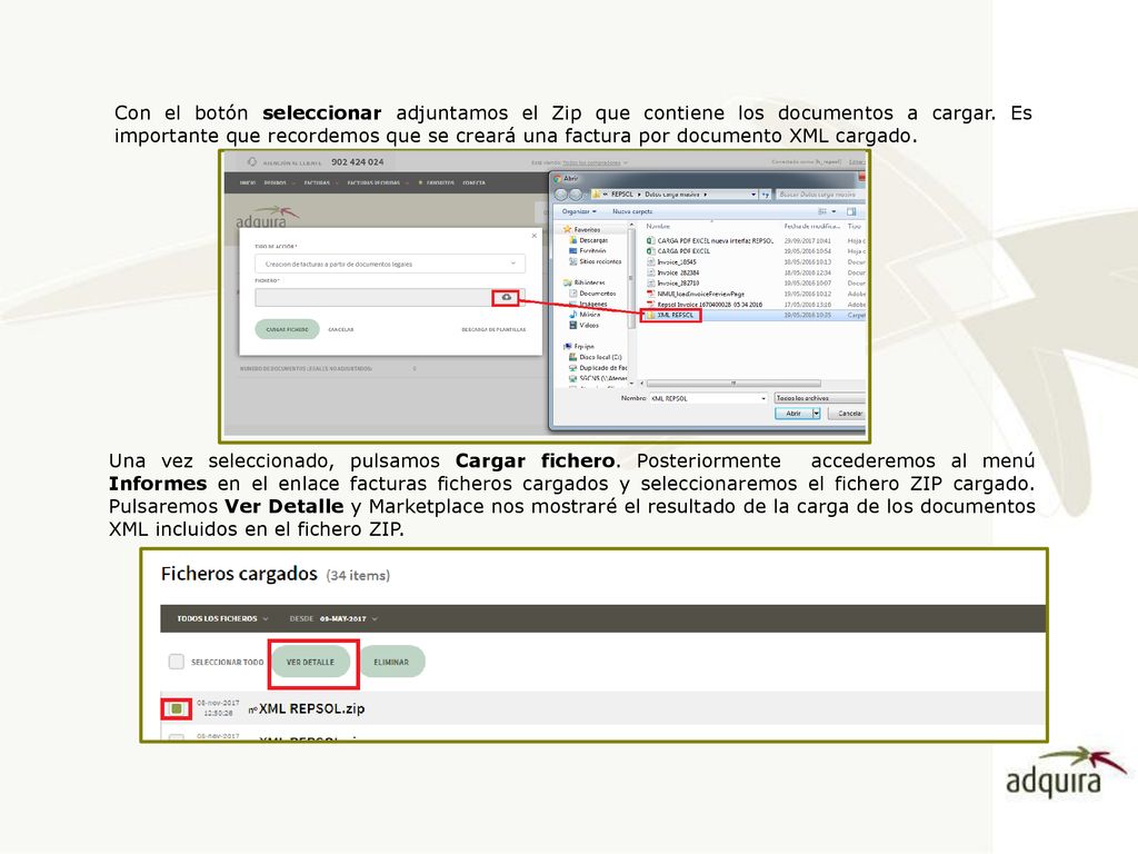 Con el botón seleccionar adjuntamos el Zip que contiene los documentos a cargar. Es importante que recordemos que se creará una factura por documento XML cargado.