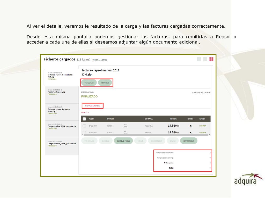 Al ver el detalle, veremos le resultado de la carga y las facturas cargadas correctamente.