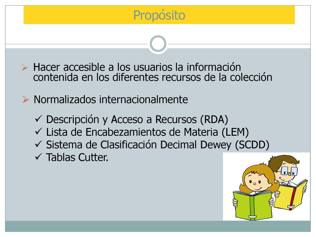 Propósito Hacer accesible a los usuarios la información contenida en los diferentes recursos de la colección.
