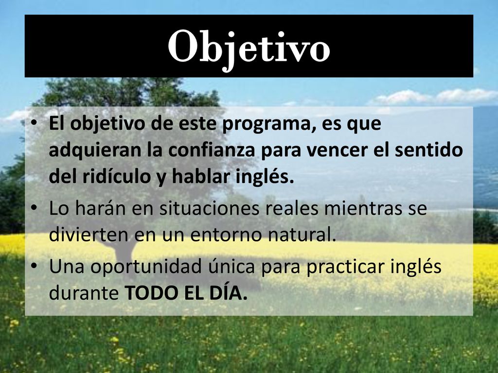 Objetivo El objetivo de este programa, es que adquieran la confianza para vencer el sentido del ridículo y hablar inglés.