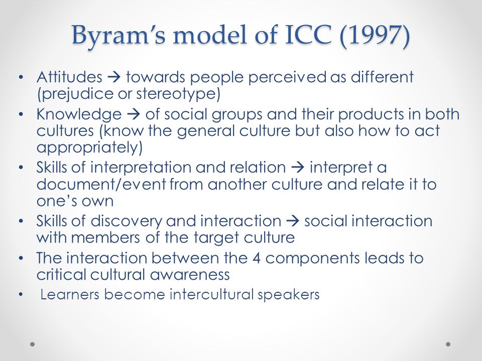 Byram’s model of ICC (1997) Attitudes  towards people perceived as different (prejudice or stereotype)