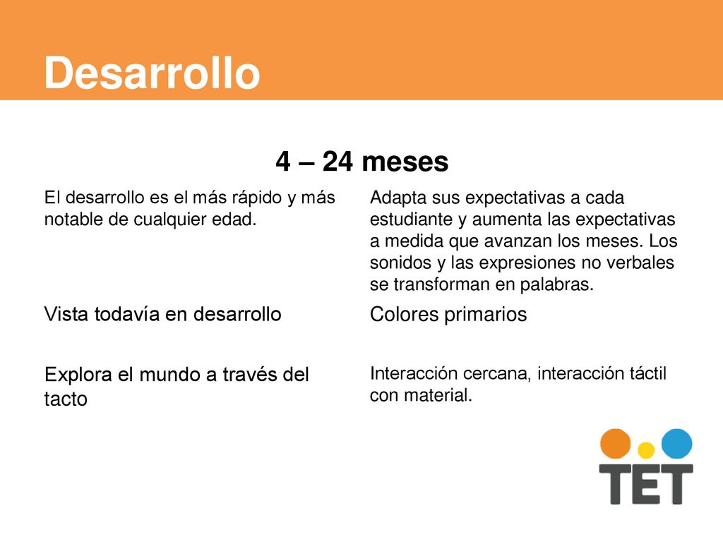 Desarrollo 4 – 24 meses Vista todavía en desarrollo Colores primarios
