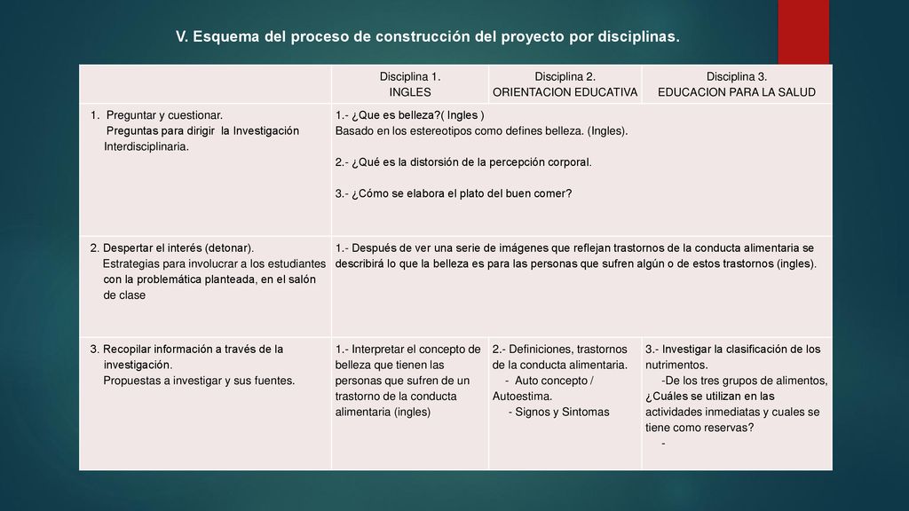 V. Esquema del proceso de construcción del proyecto por disciplinas.