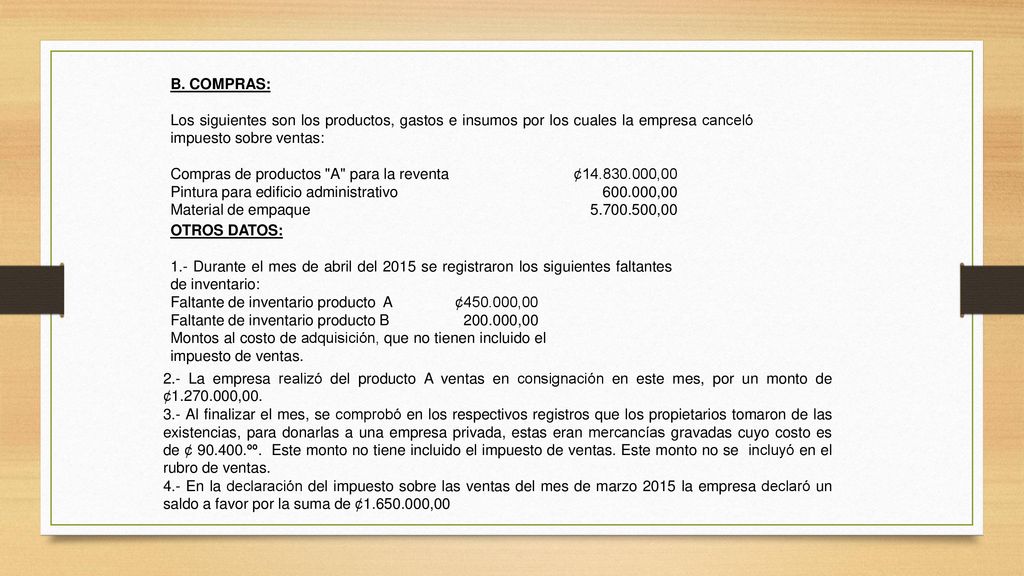 B. COMPRAS: Los siguientes son los productos, gastos e insumos por los cuales la empresa canceló impuesto sobre ventas: