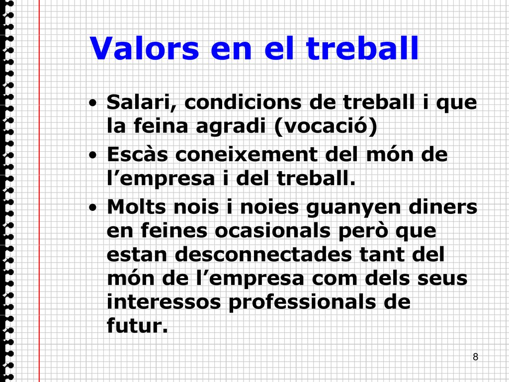 Valors en el treball Salari, condicions de treball i que la feina agradi (vocació) Escàs coneixement del món de l’empresa i del treball.