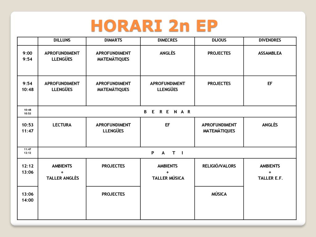 HORARI 2n EP DILLUNS DIMARTS DIMECRES DIJOUS DIVENDRES 9:00 9:54