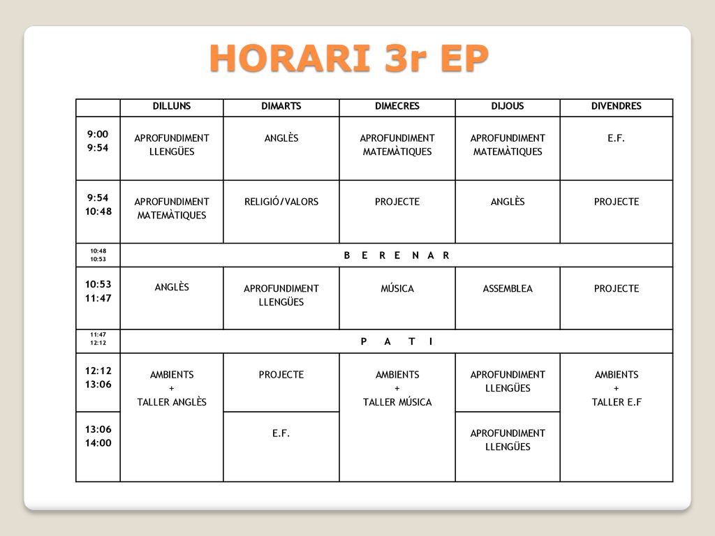HORARI 3r EP DILLUNS DIMARTS DIMECRES DIJOUS DIVENDRES 9:00 9:54