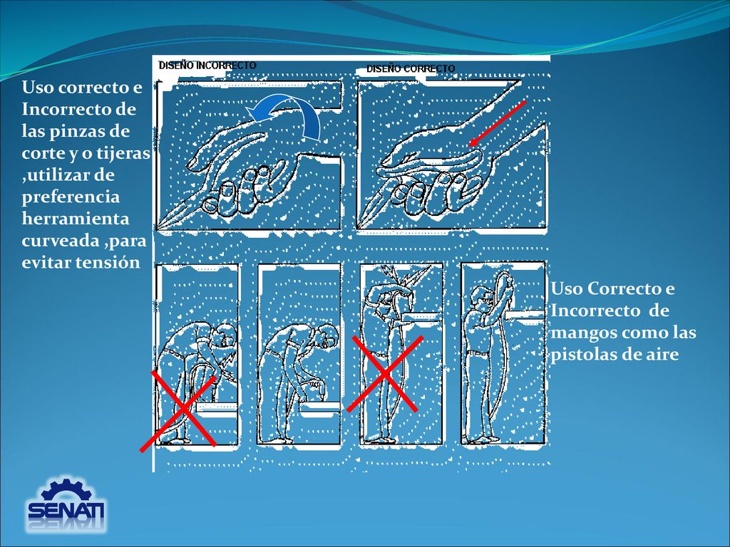 Uso correcto e Incorrecto de las pinzas de corte y o tijeras ,utilizar de preferencia herramienta curveada ,para evitar tensión