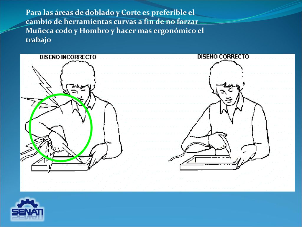 Para las áreas de doblado y Corte es preferible el cambio de herramientas curvas a fin de no forzar Muñeca codo y Hombro y hacer mas ergonómico el trabajo