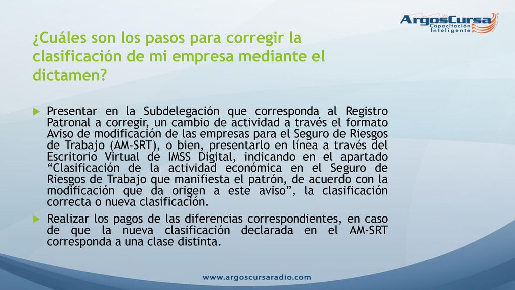 ¿Cuáles son los pasos para corregir la clasificación de mi empresa mediante el dictamen