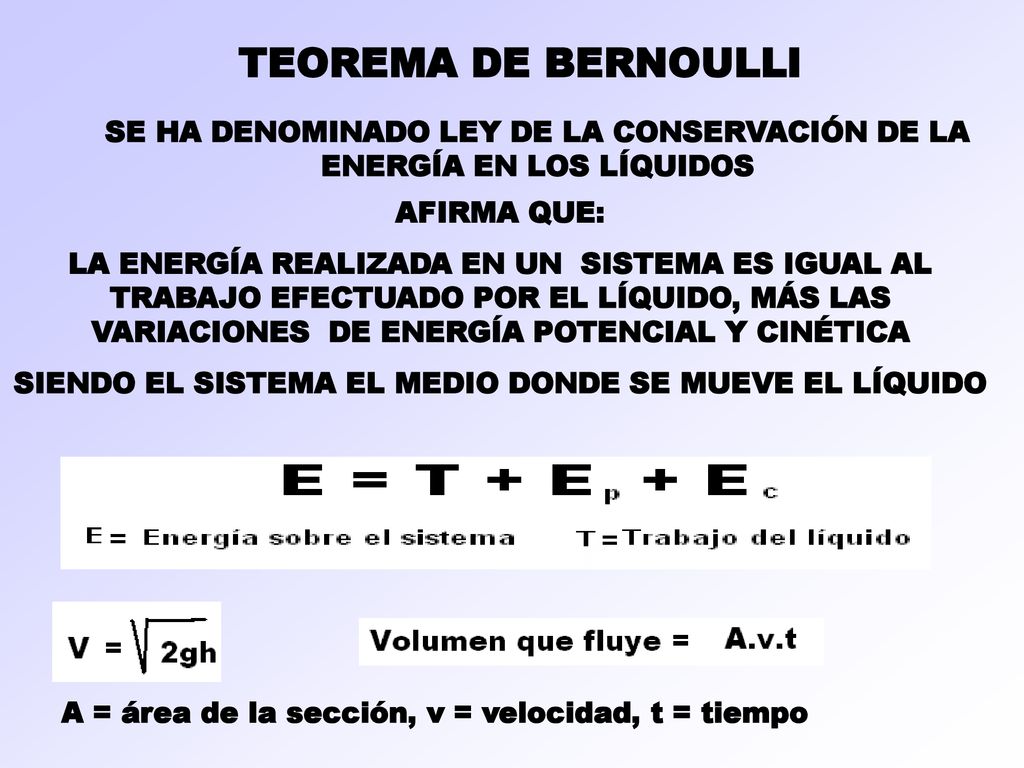 TEOREMA DE BERNOULLI SE HA DENOMINADO LEY DE LA CONSERVACIÓN DE LA ENERGÍA EN LOS LÍQUIDOS. AFIRMA QUE: