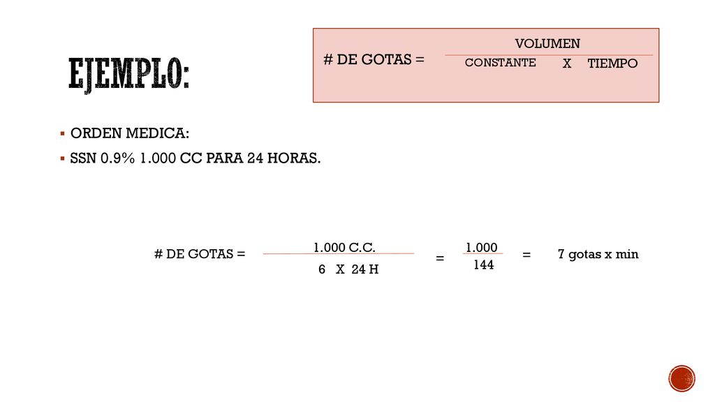 EJEMPLO: # DE GOTAS = ORDEN MEDICA: SSN 0.9% CC PARA 24 HORAS.