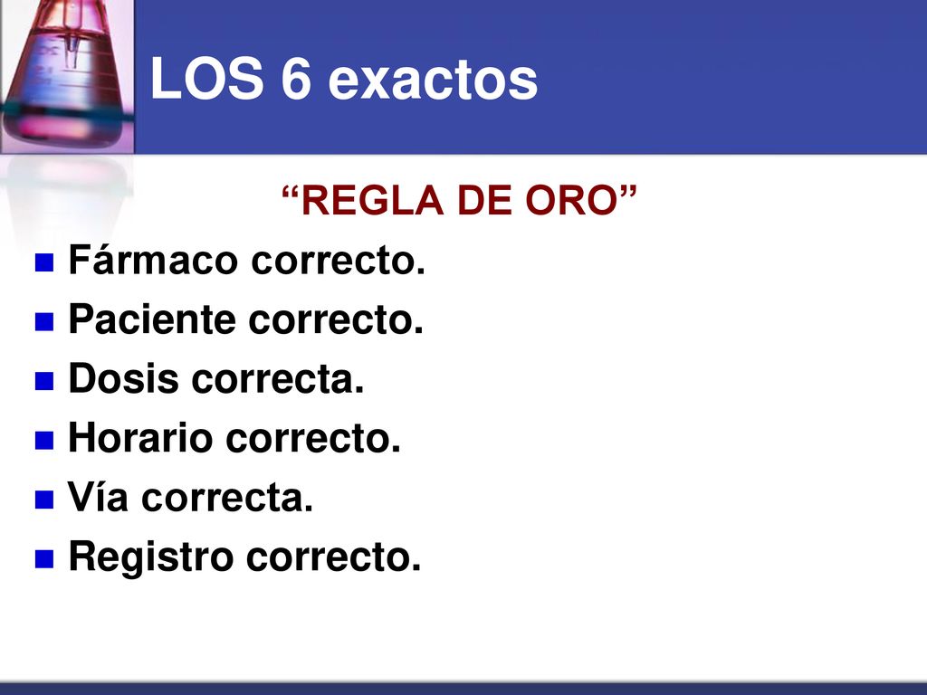 LOS 6 exactos REGLA DE ORO Fármaco correcto. Paciente correcto.