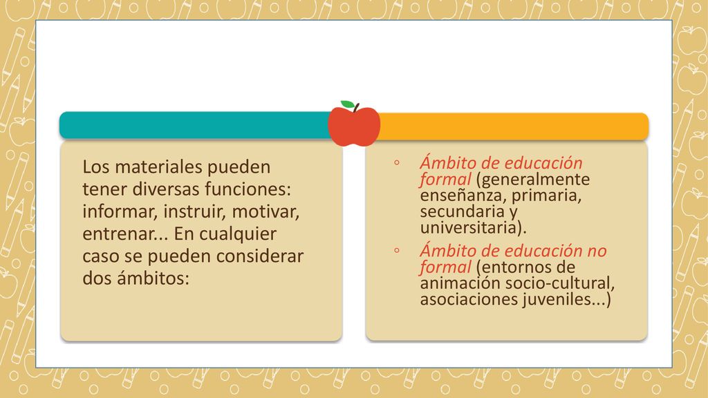 Los materiales pueden tener diversas funciones: informar, instruir, motivar, entrenar... En cualquier caso se pueden considerar dos ámbitos: