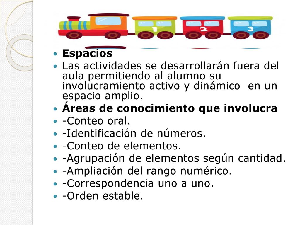 Espacios Las actividades se desarrollarán fuera del aula permitiendo al alumno su involucramiento activo y dinámico en un espacio amplio.