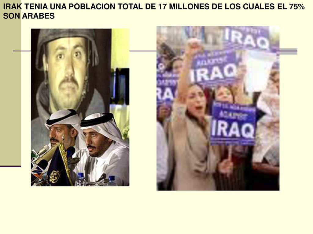 IRAK TENIA UNA POBLACION TOTAL DE 17 MILLONES DE LOS CUALES EL 75% SON ARABES