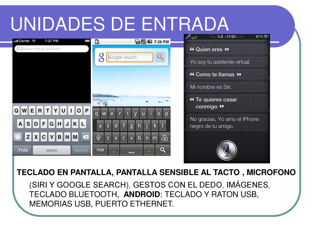 UNIDADES DE ENTRADA TECLADO EN PANTALLA, PANTALLA SENSIBLE AL TACTO , MICROFONO.