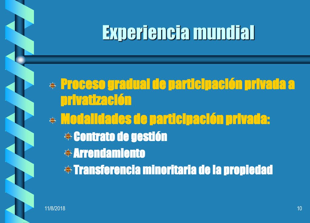 Experiencia mundial Proceso gradual de participación privada a privatización. Modalidades de participación privada:
