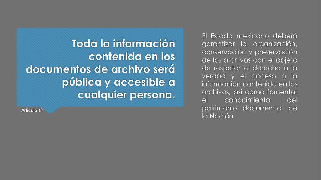 El Estado mexicano deberá garantizar la organización, conservación y preservación de los archivos con el objeto de respetar el derecho a la verdad y el acceso a la información contenida en los archivos, así como fomentar el conocimiento del patrimonio documental de la Nación
