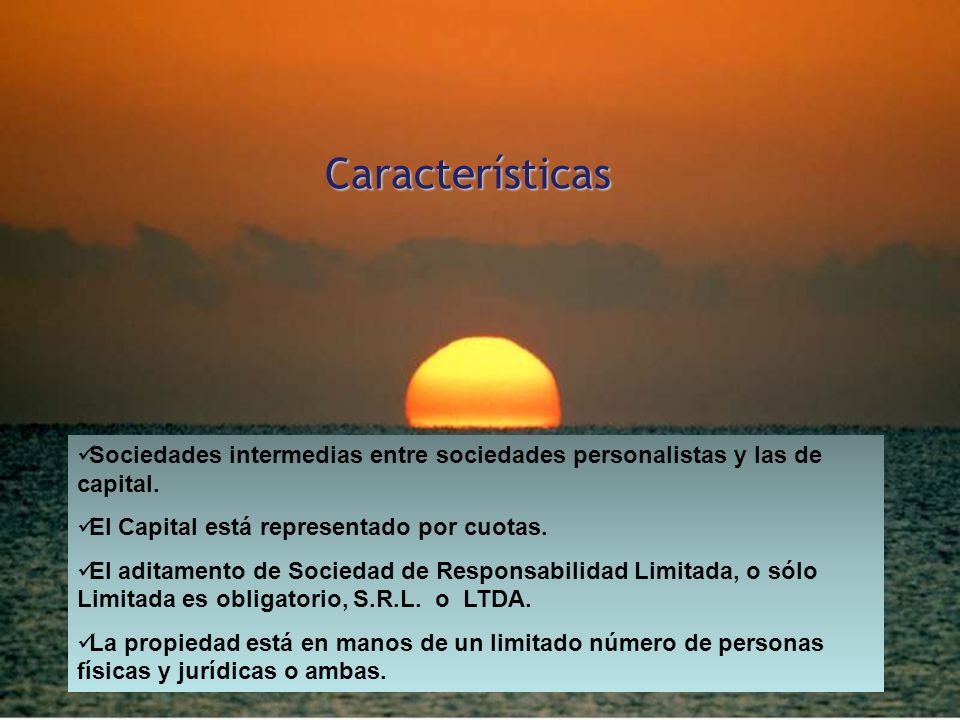 Características Sociedades intermedias entre sociedades personalistas y las de capital. El Capital está representado por cuotas.