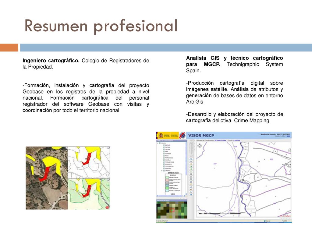 Resumen profesional Analista GIS y técnico cartográfico para MGCP. Technigraphic System Spain.