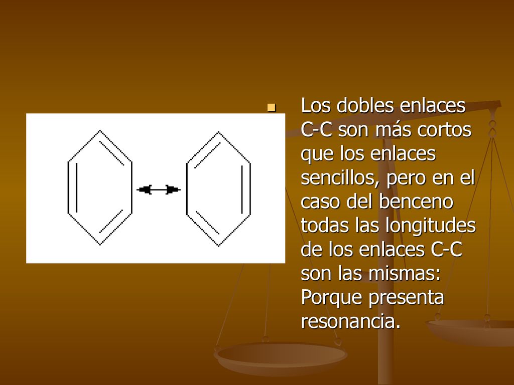 Los dobles enlaces C-C son más cortos que los enlaces sencillos, pero en el caso del benceno todas las longitudes de los enlaces C-C son las mismas: Porque presenta resonancia.