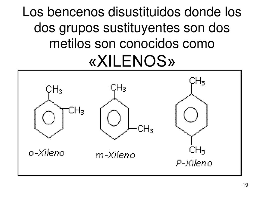 Los bencenos disustituidos donde los dos grupos sustituyentes son dos metilos son conocidos como «XILENOS»