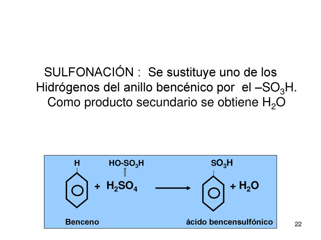 SULFONACIÓN : Se sustituye uno de los Hidrógenos del anillo bencénico por el –SO3H. Como producto secundario se obtiene H2O