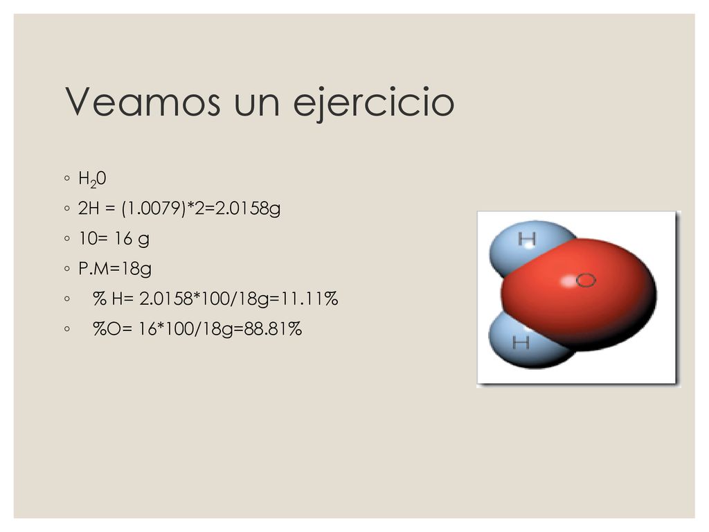 Veamos un ejercicio H20 2H = (1.0079)*2=2.0158g 10= 16 g P.M=18g