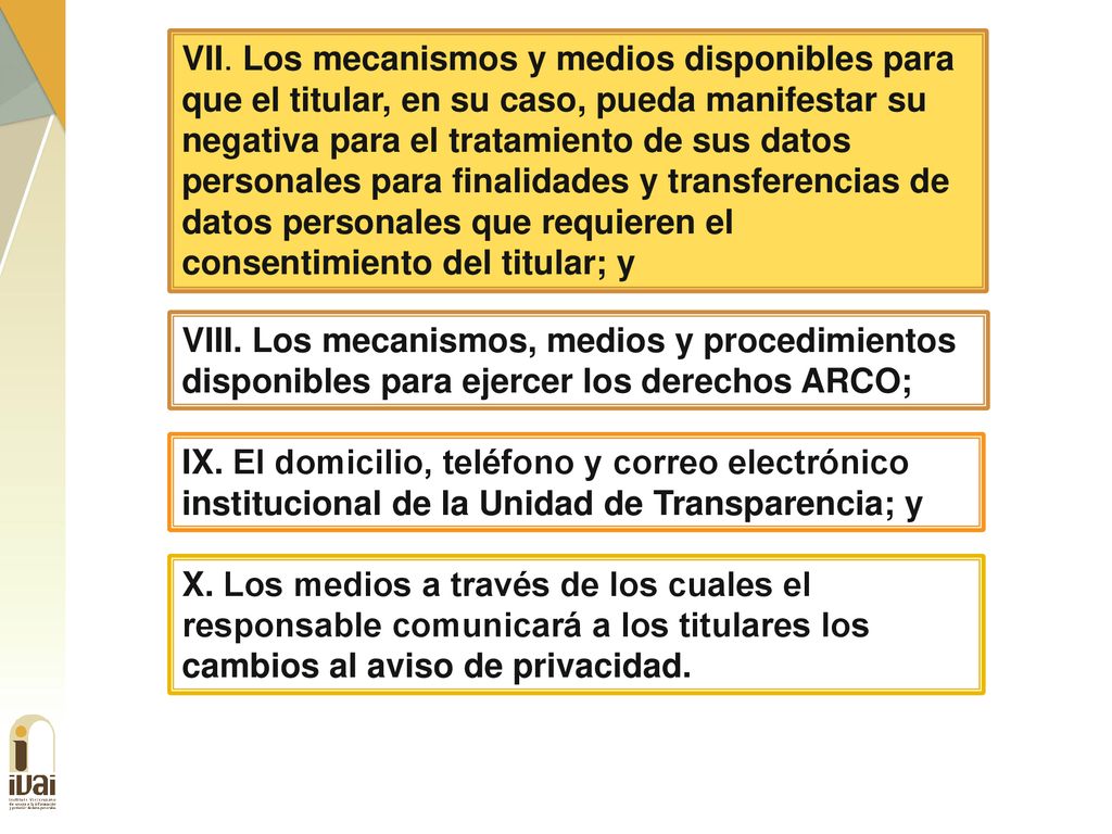 VII. Los mecanismos y medios disponibles para que el titular, en su caso, pueda manifestar su negativa para el tratamiento de sus datos personales para finalidades y transferencias de datos personales que requieren el consentimiento del titular; y