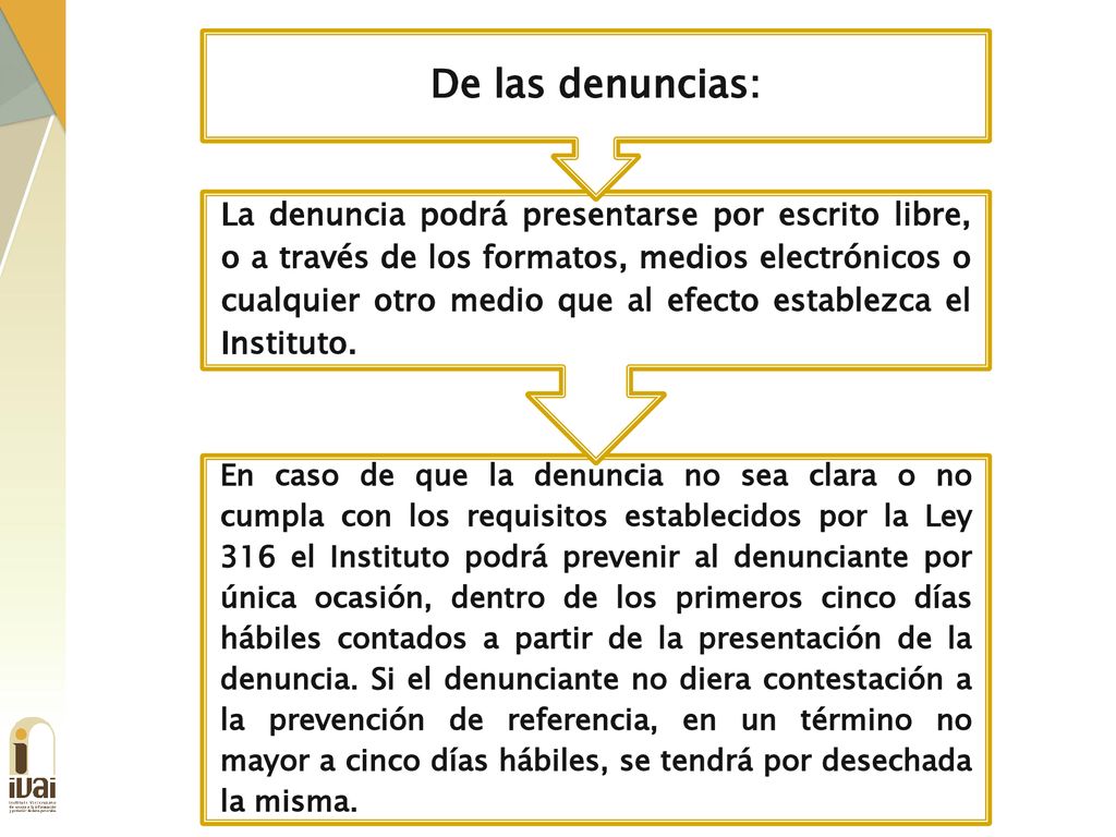 En caso de que la denuncia no sea clara o no cumpla con los requisitos establecidos por la Ley 316 el Instituto podrá prevenir al denunciante por única ocasión, dentro de los primeros cinco días hábiles contados a partir de la presentación de la denuncia. Si el denunciante no diera contestación a la prevención de referencia, en un término no mayor a cinco días hábiles, se tendrá por desechada la misma.