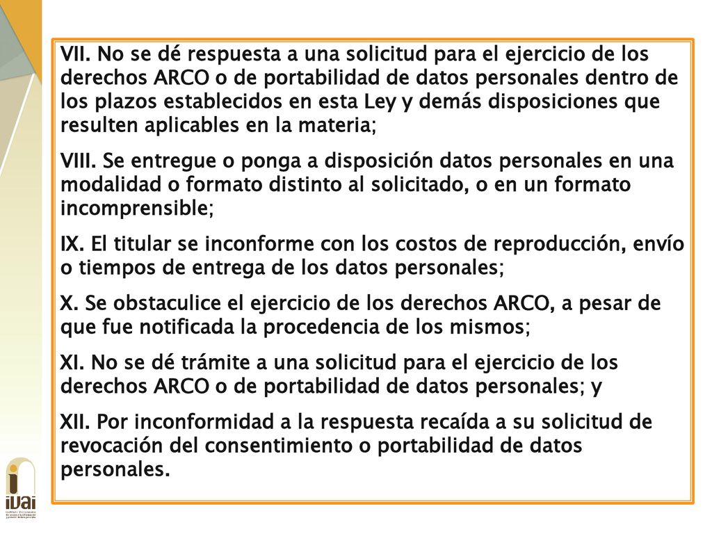 VII. No se dé respuesta a una solicitud para el ejercicio de los derechos ARCO o de portabilidad de datos personales dentro de los plazos establecidos en esta Ley y demás disposiciones que resulten aplicables en la materia;