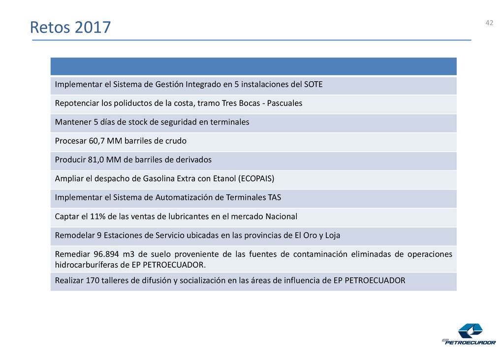 Retos 2017 Implementar el Sistema de Gestión Integrado en 5 instalaciones del SOTE.