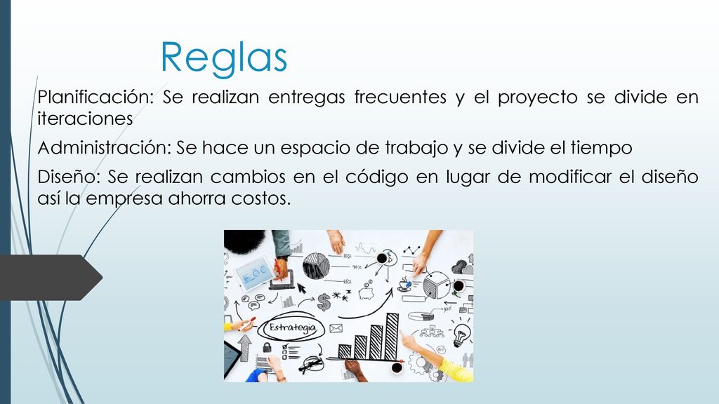 Reglas Planificación: Se realizan entregas frecuentes y el proyecto se divide en iteraciones.