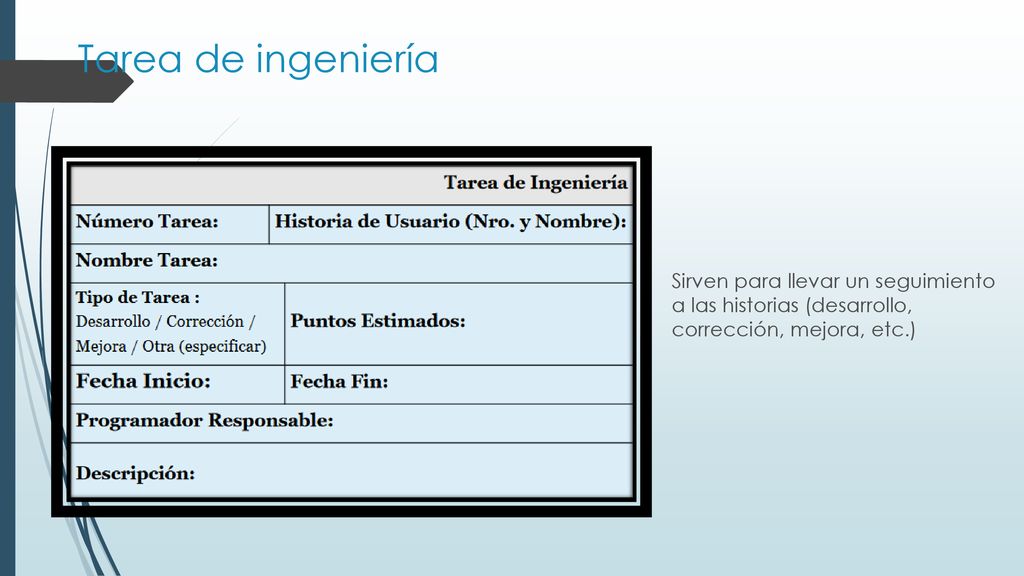 Tarea de ingeniería Sirven para llevar un seguimiento a las historias (desarrollo, corrección, mejora, etc.)