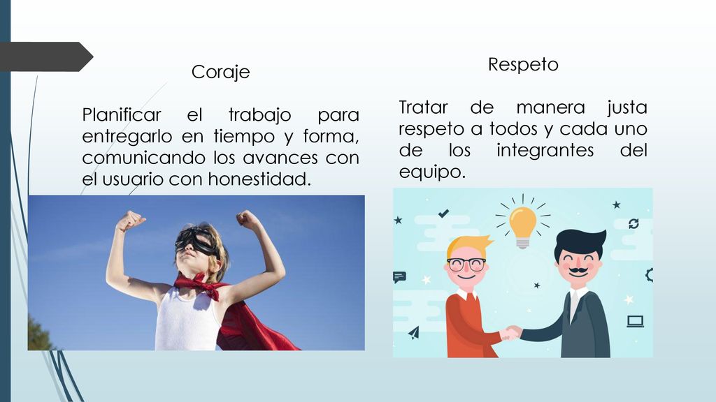 Respeto Tratar de manera justa respeto a todos y cada uno de los integrantes del equipo. Coraje.