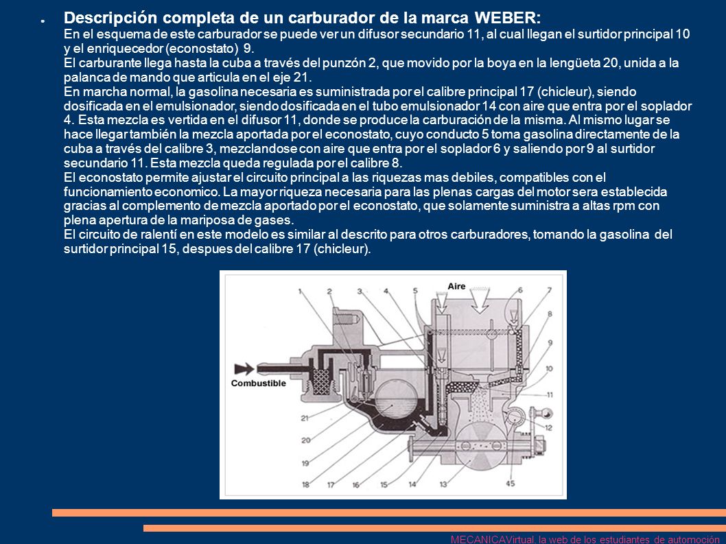 Descripción completa de un carburador de la marca WEBER: En el esquema de este carburador se puede ver un difusor secundario 11, al cual llegan el surtidor principal 10 y el enriquecedor (econostato) 9. El carburante llega hasta la cuba a través del punzón 2, que movido por la boya en la lengüeta 20, unida a la palanca de mando que articula en el eje 21. En marcha normal, la gasolina necesaria es suministrada por el calibre principal 17 (chicleur), siendo dosificada en el emulsionador, siendo dosificada en el tubo emulsionador 14 con aire que entra por el soplador 4. Esta mezcla es vertida en el difusor 11, donde se produce la carburación de la misma. Al mismo lugar se hace llegar también la mezcla aportada por el econostato, cuyo conducto 5 toma gasolina directamente de la cuba a través del calibre 3, mezclandose con aire que entra por el soplador 6 y saliendo por 9 al surtidor secundario 11. Esta mezcla queda regulada por el calibre 8. El econostato permite ajustar el circuito principal a las riquezas mas debiles, compatibles con el funcionamiento economico. La mayor riqueza necesaria para las plenas cargas del motor sera establecida gracias al complemento de mezcla aportado por el econostato, que solamente suministra a altas rpm con plena apertura de la mariposa de gases. El circuito de ralentí en este modelo es similar al descrito para otros carburadores, tomando la gasolina del surtidor principal 15, despues del calibre 17 (chicleur).