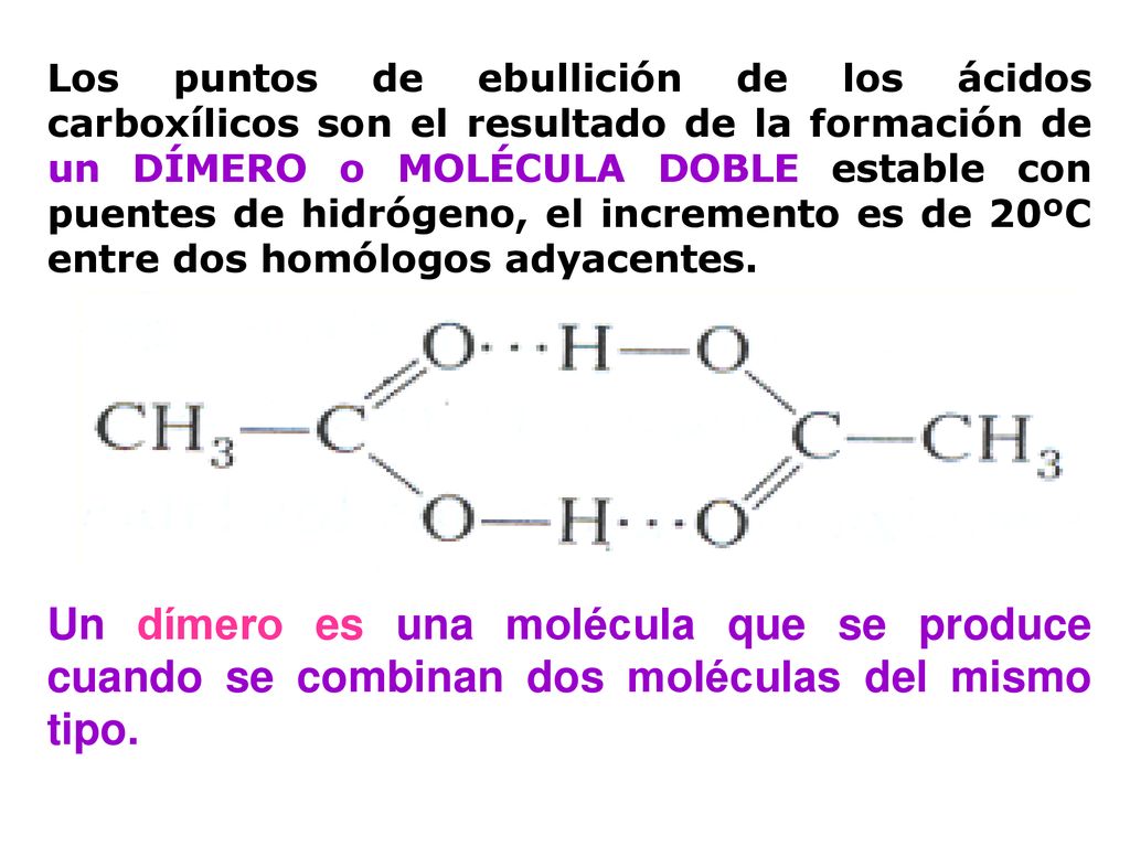 Los puntos de ebullición de los ácidos carboxílicos son el resultado de la formación de un DÍMERO o MOLÉCULA DOBLE estable con puentes de hidrógeno, el incremento es de 20ºC entre dos homólogos adyacentes.