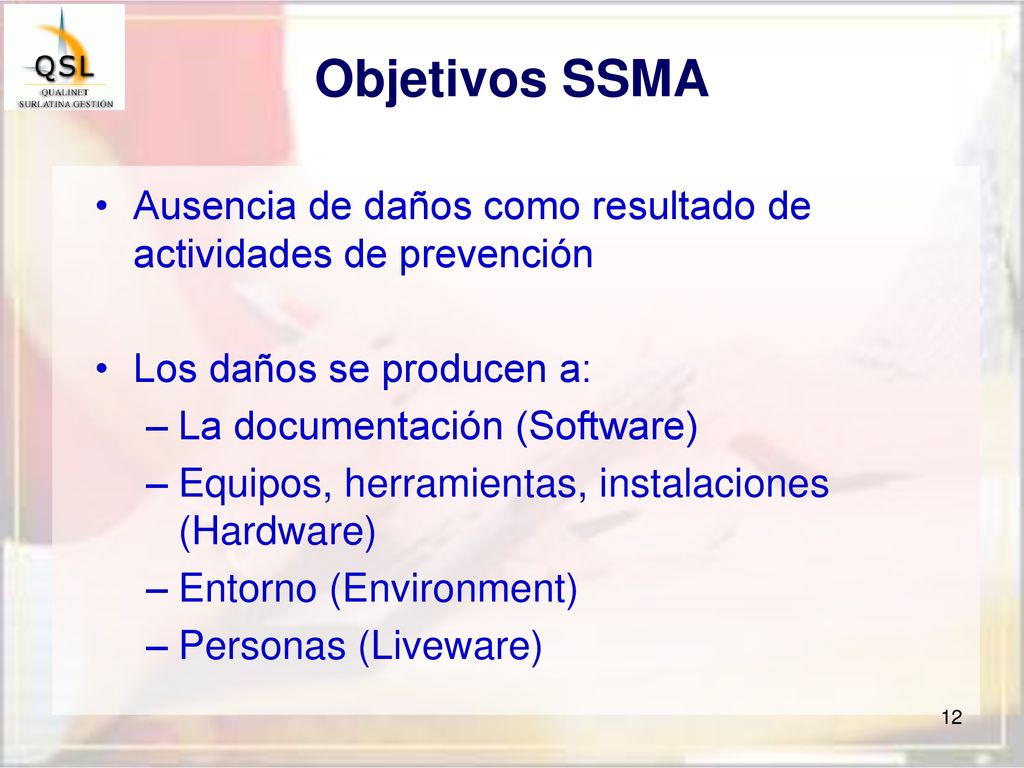 Objetivos SSMA Ausencia de daños como resultado de actividades de prevención. Los daños se producen a: