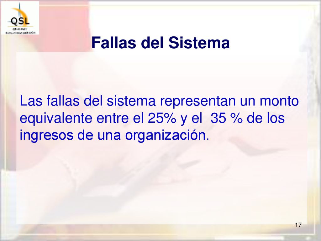Fallas del Sistema Las fallas del sistema representan un monto equivalente entre el 25% y el 35 % de los ingresos de una organización.