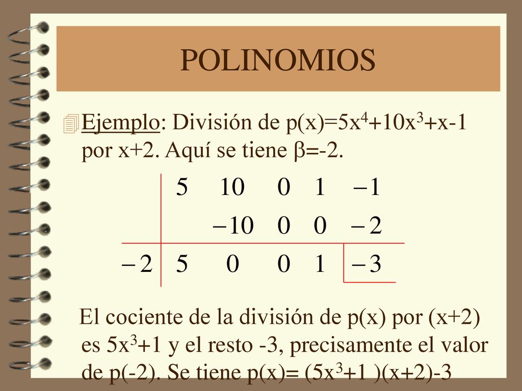 POLINOMIOS Ejemplo: División de p(x)=5x4+10x3+x-1 por x+2. Aquí se tiene b=-2.