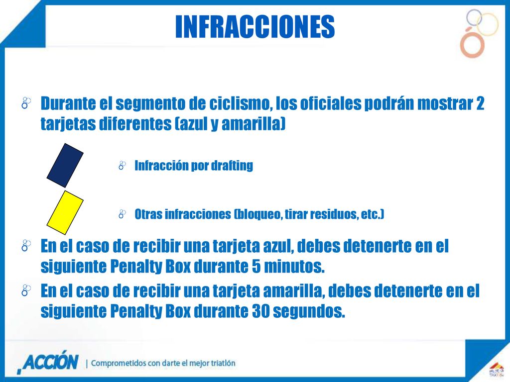 INFRACCIONES Durante el segmento de ciclismo, los oficiales podrán mostrar 2 tarjetas diferentes (azul y amarilla)